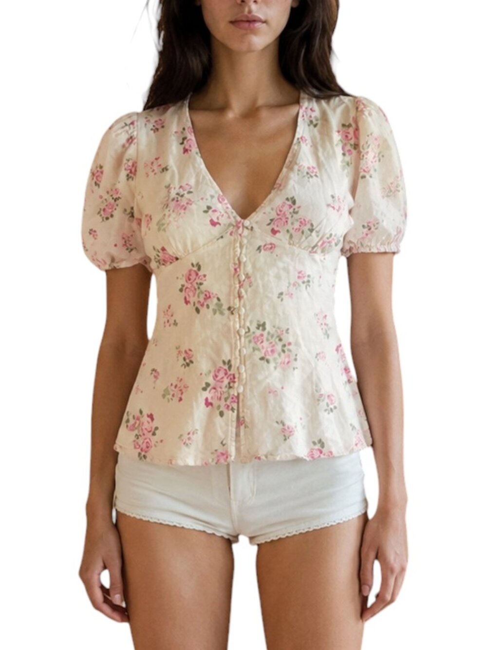 L Jessakae Collection Cream Floral Babydoll Cottagecore Blouse